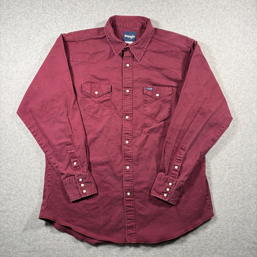 Wrangler Western Shirt Mens 2XLT Tall Burgundy Vintage Pearl Snap Cotton Heavy